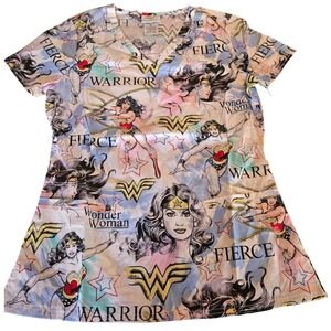 Cherokee Tooniforms Wonder Woman Scrub Top Size S V Neck All Over Print‎ NWT